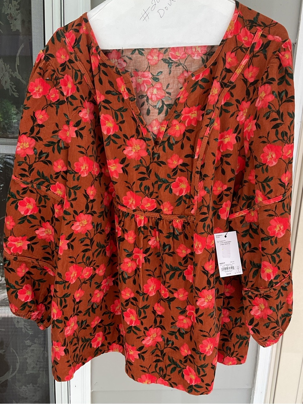 Womens Fall Floral Spice Corduroy Peasant Babydoll Top 2X SONOMA Puff Sleeve NWT
